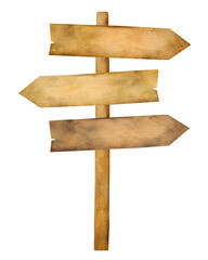 Watercolor-style wooden signpost with three arrows on transparent background.