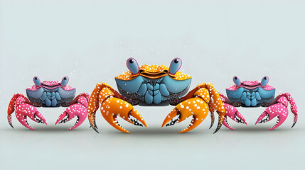 Three Pixel Art Crabs In Pink Orange And Blue On A Solid White Background In A Modern Abstract Style With A Playful Whimsical Family Friendly Vibe