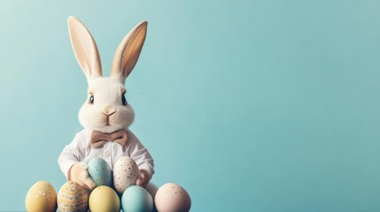 Businessman bunny negotiating Easter egg prices