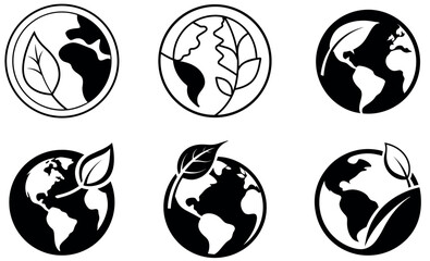 Simple black and white Earth icons with leaves, promoting sustainability
