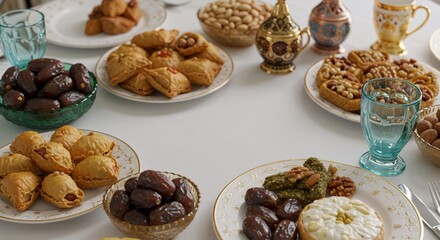 Ramadan iftar table with traditional Middle Eastern foods. Muslim feast with dates, pastries, and nuts. Eid al-Fitr celebration meal with copy space