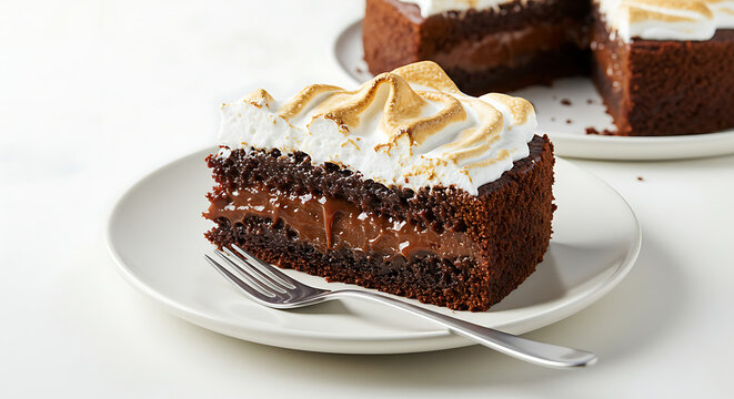 A slice of Mississippi mud cake with gooey chocolate layers and marshmallow topping, served on a plate with a fork, white background