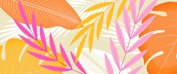 Abstract summer background with tropical leaves. Pink, yellow and orange monstera, bamboo and banana leaves on beige background. Horizontal bright banner in modern style. Plant flyer for sale.