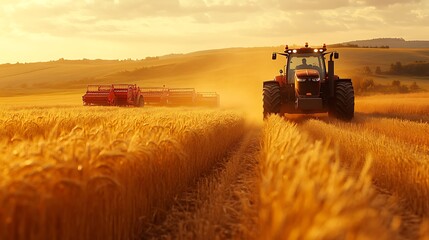Obraz premium Tractor Harvesting Wheat at Sunset, A red tractor harvesting wheat in a golden field at sunset, creating a dusty atmosphere