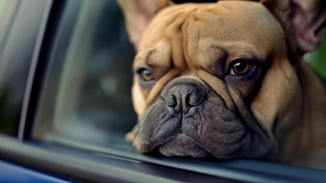 Bulldog resting on car window enjoying peaceful drive with owner.