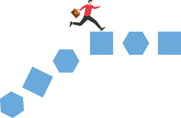 Near crisis. Businessman running on a rectangular block that is about to collapse stock illustration

