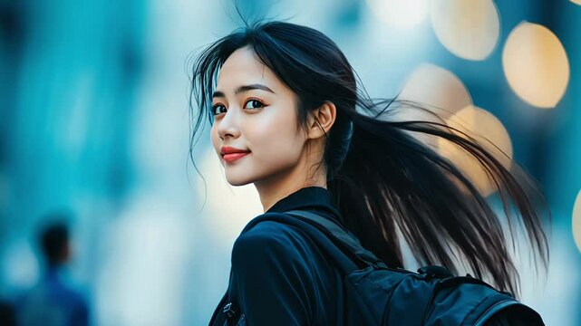 Confident young asian woman with backpack on a blurred urban background - concept of a traveling alone