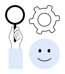 Hand with magnifying glass, gear, and happy face symbolizing focus, improvement, and satisfaction. Ideal for problem-solving, teamwork, research, efficiency customer satisfaction innovation