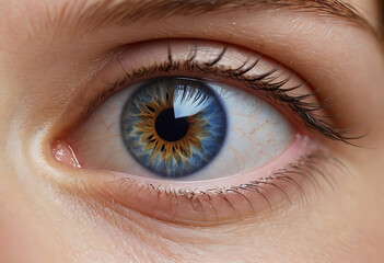 Close-up of a blue human eye with detailed iris and eyelashes.