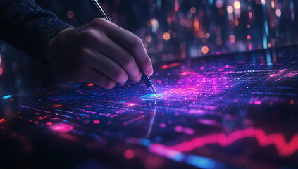 A hand uses a stylus to draw on a digital screen filled with vibrant data visualizations. Neon colors illuminate the scene, creating a futuristic mood.