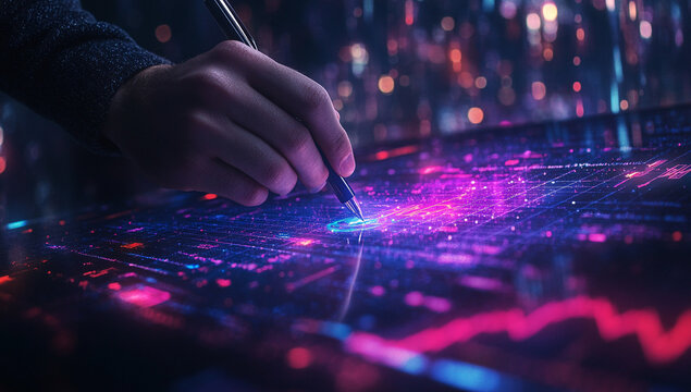 A hand uses a stylus to draw on a digital screen filled with vibrant data visualizations. Neon colors illuminate the scene, creating a futuristic mood. - Powered by Adobe