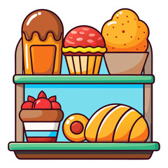 Bright vector of assorted bakery items (croissant, Danish pastry, baguette, muffin) displayed in a stylized bakery shelf