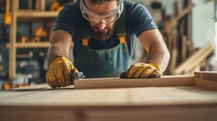 Carpenter constructing custom bookshelves for a home. Featuring woodworking and carpentry skills