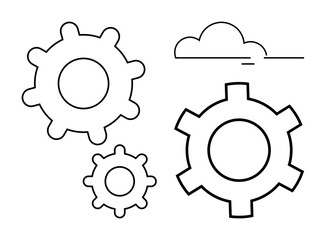 Three connected gears and a minimal cloud illustrate collaboration, mechanics, and creativity. Ideal for teamwork, process, innovation, technology, industry, planning and a simple landing page