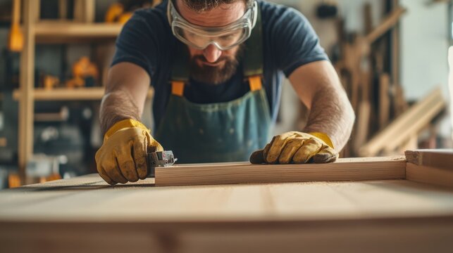 Carpenter constructing custom bookshelves for a home. Featuring woodworking and carpentry skills