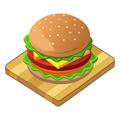 Isometric 2D vector of a gourmet burger with layered ingredients