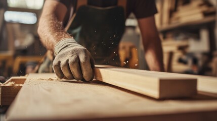 Carpenter cutting and shaping wood for a custom bookshelf. Featuring woodworking craftsmanship and attention to detail