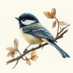 Chickadee watercolor painting on branch natural illustration close-up bird wildlife art