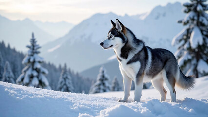 Fototapeta premium Siberian husky standing in snow with snowy mountains and trees in the background.