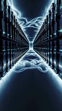 Futuristic data center with cloud computing and ai technology in a symmetrical design