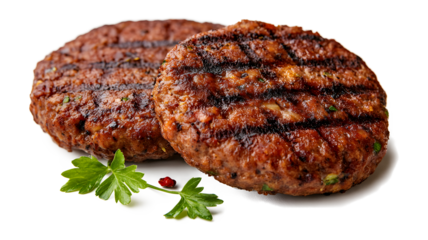 I had two hamburgers with a side of parsley. The hamburgers are cooked on a grill and are browned