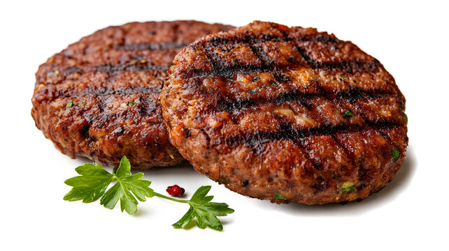 I had two hamburgers with a side of parsley. The hamburgers are cooked on a grill and are browned