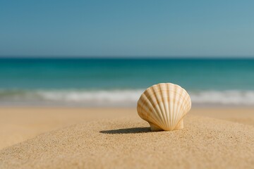 Single seashell resting on warm sand with turquoise sea and blue sky in the background. Minimalist tropical beach scene, perfect for summer and nature themes.