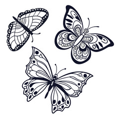 Monarch butterfly silhouettes collection, vector illustration isolated on white background.