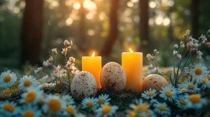 ostara altar,flowers candles,decorated eggs in natural setting,stock photo