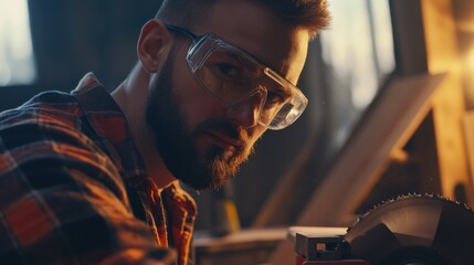 Carpenter cutting wood with a circular saw. Featuring saw cutting and wood shaping techniques