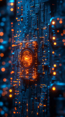 High tech circuit board with glowing elements and lights