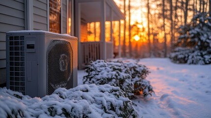 outdoor heat pump unit covered,snow providing energy efficient home heating in winter,stock image