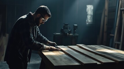 Carpenter cutting wooden planks in a workshop. Featuring woodworking and precise cuts