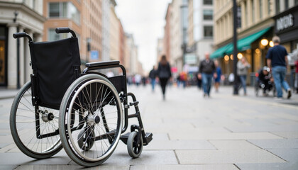 Obraz premium Wheelchair on Urban Sidewalk with Blurred Pedestrians for Accessibility Awareness, Disability Advocacy, Urban Planning, and Social Inclusion Campaigns