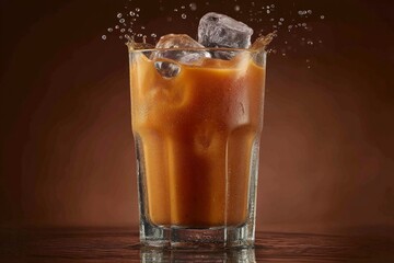Refreshing iced beverage splashes in a glass filled with ice cubes on a dark background