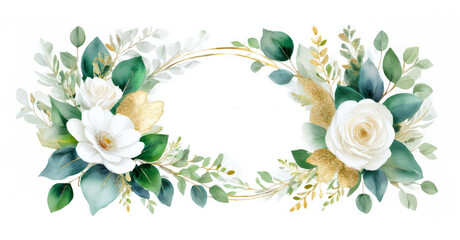 Akwarelowy wianek z białymi kwiatami i złotem – pusta ramka ślubna lub zaproszenie