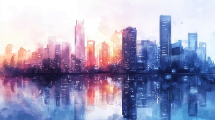 Fototapeta premium Stunning Watercolor Cityscape Skyline Reflection at Dawn Modern Urban Architecture