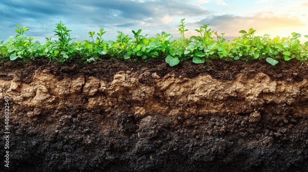 Poster panorama of soil layers cross section roots penetrate various soil types visible layers show earth s