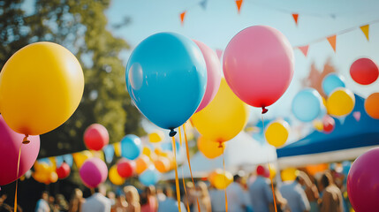 of balloons in bold colors like blue, orange, and green, arranged for a carnival or festival setting with a fun and exciting vibe 