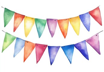 Colorful watercolor party bunting flags in vibrant shades for festive celebrations and events