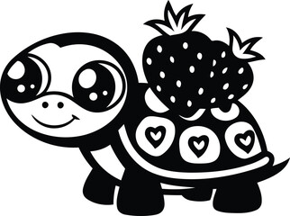 Cartoon turtle with strawberries unique vector illustration, cartoon turtle with strawberries silhouette and line art vector design