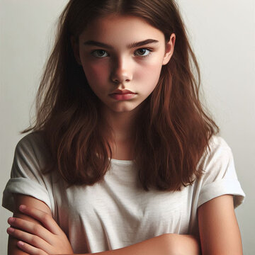 Gerar a imagem A teenage girl with crossed arms, stern gaze, angry yet composed. Neutral white background, soft shadows.