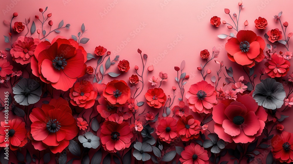 Poster paper cut style red flowers,heart shapes on a soft pink background flat lay composition,copy space p