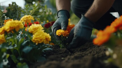 Naklejka premium Hispanic landscaper planting flowers in a garden bed. Featuring landscaping and garden design