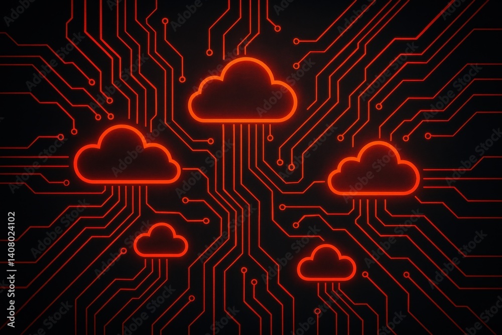 Poster cloud network: a stylized digital rendering depicts interconnected clouds overlaid upon a detailed c