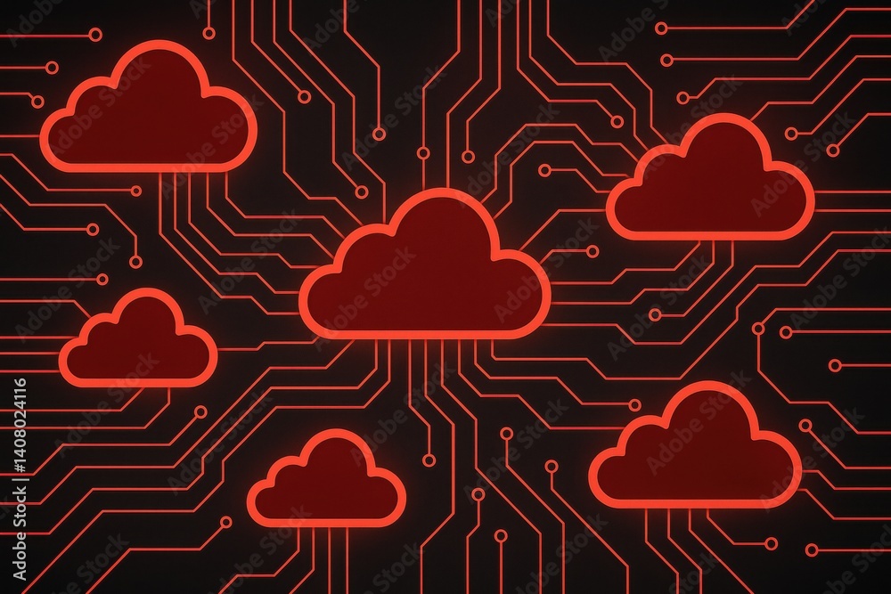 Poster cloud network: an intricate network of interconnected red clouds floats above a digital circuit boar
