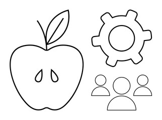 Apple with leaf, gear, and people icons outline. Ideal for health, teamwork, productivity, leadership, collaboration education innovation. Represents a flat simple metaphor