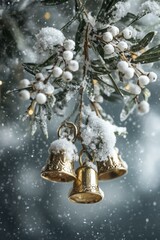 Snow Covered Gold Bells Hanging from Branch with White Berries Christmas Decor