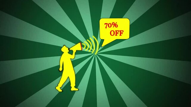 colorful 3d letters rotate 70% percent off banner. Megaphone with speech bubble in flat style. spiral animation background with rotating, ornaments twirl rays comic style. 4k resolution