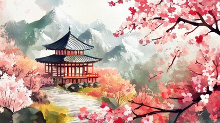 Serene Watercolor Painting of Asian Temple nestled amongst Cherry Blossoms and Majestic Mountains